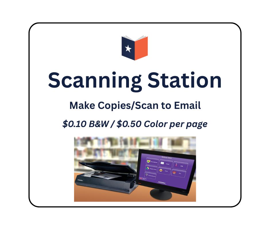 Scanning Station. Make copies/scan to email. $0.10 for black and white copies and $0.50 for color copies.